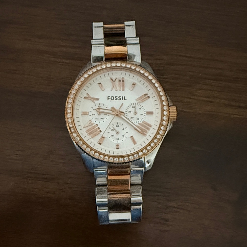Fossil Silver and Rose Gold Watch with Crystal Bezel